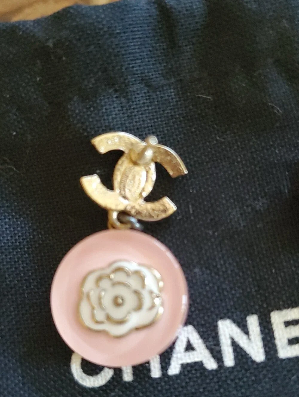 CHANEL Camellia Pink Pearl CC Drop Earrings with Floral Medallion